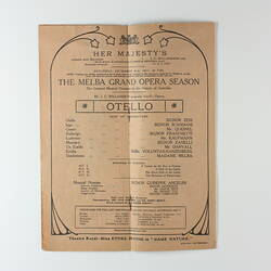 Programme - 'Otello', Grand Opera Season, Madame Nellie Melba & J.C. Williamson, Her Majesty's Theatre, Melbourne, 2 Dec 1911