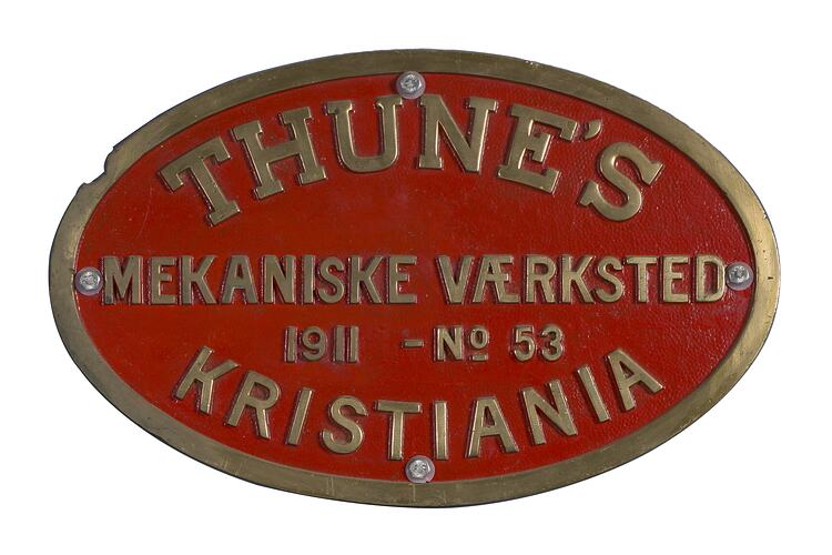 Locomotive Builders Plate - Thunes Mekaniske Vaerksted, 1911