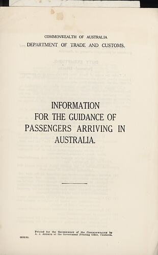 Booklet - Information for the Guidance of Passengers Arriving in Australia, 1955