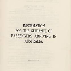 Booklet - Information for the Guidance of Passengers Arriving in Australia, 1955