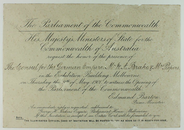 Invitation - To Mr. William A. Brahe & Mrs. Peipers, Opening of the Parliament of the Commonwealth of Australia, Exhibition Building, Melbourne, 9 May 1901