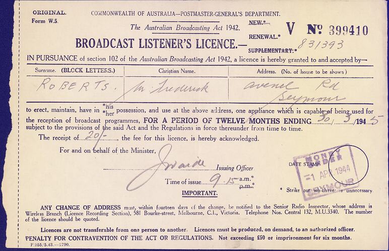Broadcast Listener's Licence - Commonwealth of Australia, Postmaster General's Department, 1 Apr 1944