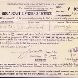 Broadcast Listener's Licence - Frederick & Amelia Roberts, Commonwealth of Australia, Postmaster General's Department, 1 Apr 1944