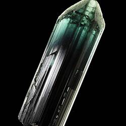 Dark green prsimatic crystal on black background.