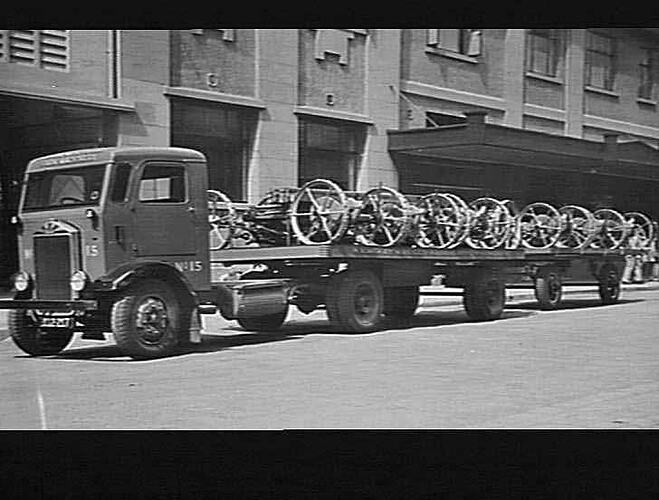 'Albion' Prime Mover & Semi-Trailer Loaded with 'Sunshine' Hay Mowers & Seed Drills, Devonshire Road, Sunshine, Victoria, Jan 1940