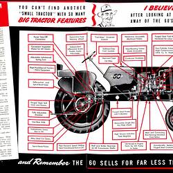 Open booklet, cartoons of men and diagram of tractor. Parts labelled. Red and black printed text.