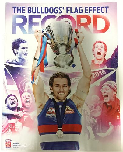 Booklet cover with male footballer holding up a silver trophy. Cheering players/others surround him.