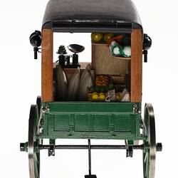 Fruiterer's four wheel van model. View from behind. Model food within is visible.