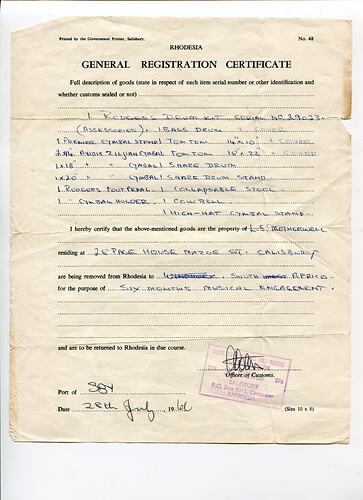 Certificate - Goods Registration, Drum Kit, Lindsay Motherwell, Rhodesia to South Africa, 28 Jul 1966