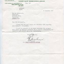 Letter - Chief Migration Officer Australia, Sylvia Boyes, London, 17 Dec 1969