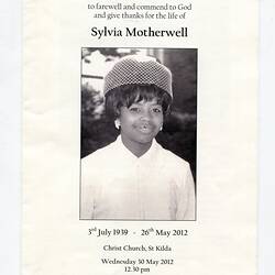 Funeral Booklet - Sylvia Motherwell, Melbourne, 30 May 2012