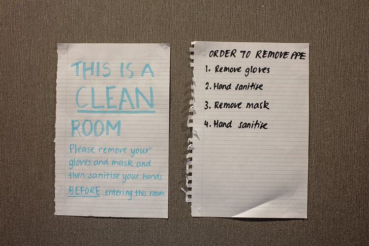 Signs at Clean Room Entry, Novotel, Melbourne, 14 May 2020