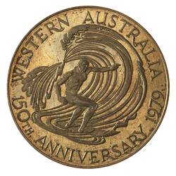 Round gold-coloured medal with surfboard rider in wave facing right. Text around edge.