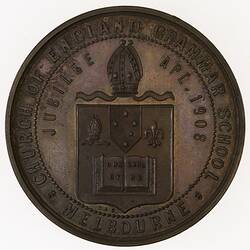 Medal - Melbourne Church of England Grammar School, Jubilee Exhibition Prize, 1908 AD