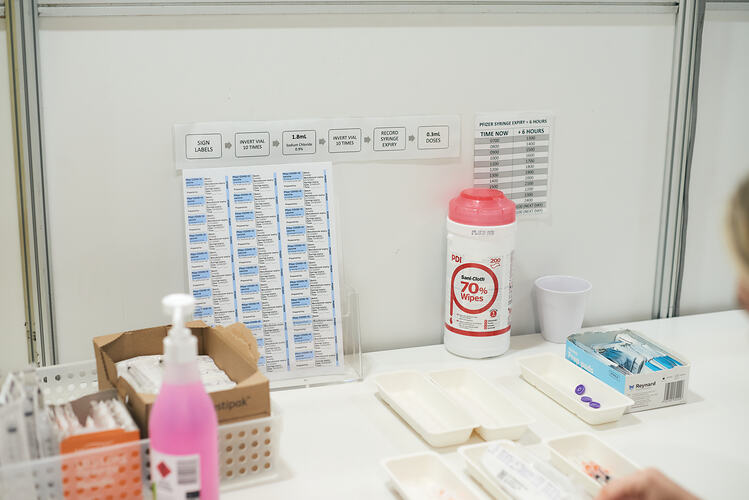 Pharmacy Workspace, St Vincent's Vaccination Hub, Melbourne Museum, 23 Sep 2021