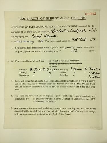 HT 54727, Contract - Employment Contract, Issued to Beryl Adams by Marshall and Snelgrove, London, England, 1967 (MIGRATION), Document, Registered