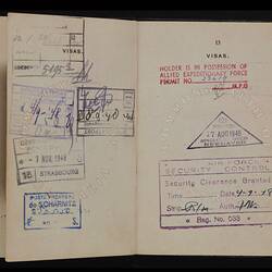 Open passport with text on both pages. Multiple black, red and blue stamps.