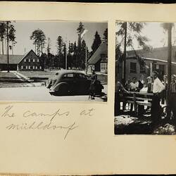 Two black and white photos on off-white page. Handwritten text in pencil. Features