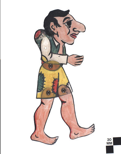 Profile of hunchback male dressed in colourful clothes.