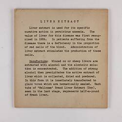 Exhibition Label - Liver Extract,  Industrial & Technological Museum, Melbourne circa 1940