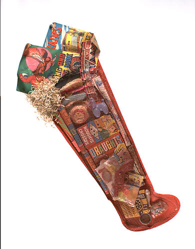 Christmas stocking containing novelties and sweets.