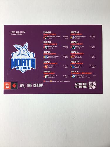 Purple fixture card with white and red printed text. Blue and white kangaroo logo.