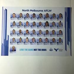 White poster featuring 24 portraits of female footballers. Male portrait at lower left. Blue printed text.