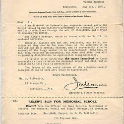 Letter - Receipt for Commemorative Scroll, AIF, 2 Nov 1921