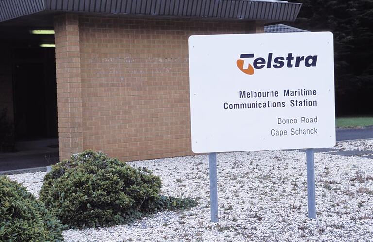 MM 028487 Telstra sign at front entrance to Melbourne Coastal Radio Station, Cape Schanck