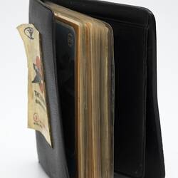 Brown vinyl wallet with plastic sleeves.