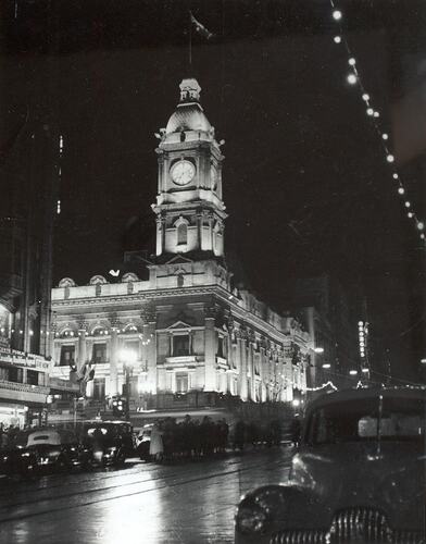 Digital Photograph - Melbourne Town Hall, Illuminated for Coronation of Queen Elizabeth II, 1953