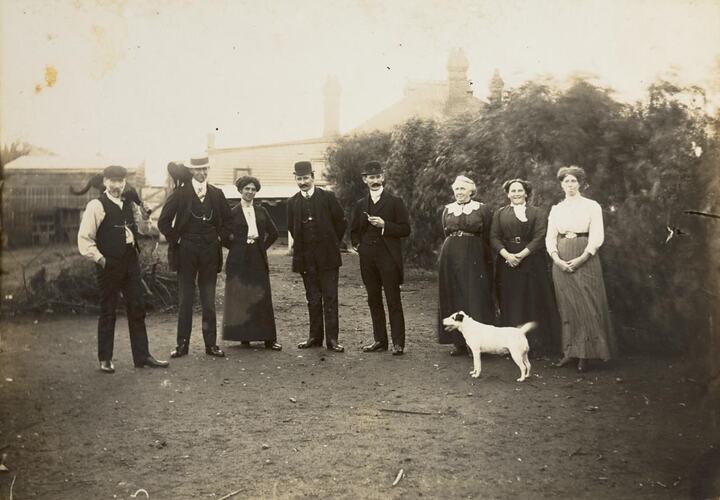 Digital Photograph - Extended Adult Family with Cats, Dog & Hens in Backyard, Brunswick, circa 1913