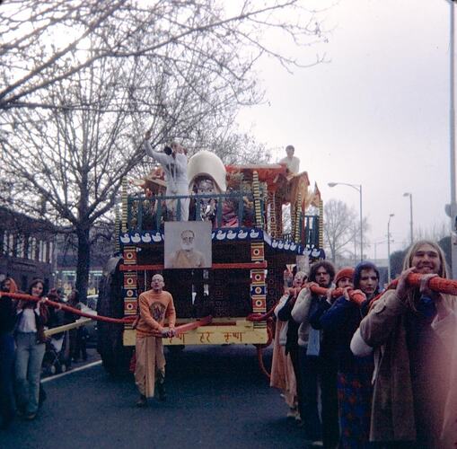 Digital Photograph - Men & Women Pulling Decorated Wagon, Hare Krsna Rathyatra (Chariot) Festival, Albert Park, circa 1975