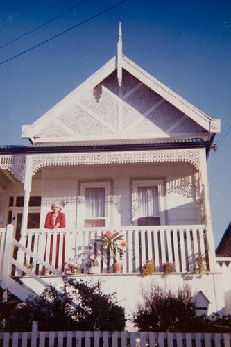 Digital Photograph - Woman in Dressing Gown on Verandah of Weatherboard House, Flemington, 1965-1975