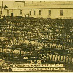 Postcard - 'Sunshine Harvester Works, Tillage Implements Ready for Despatch', From Mrs L Ferguson Addressed to Her Sister-In-Law, Miss Ferguson, East Camberwell, Victoria.