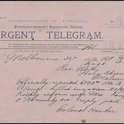 Telegram - From Colonel Hawker to Reverend White, Death of Albert Kemp, 18 Oct 1917