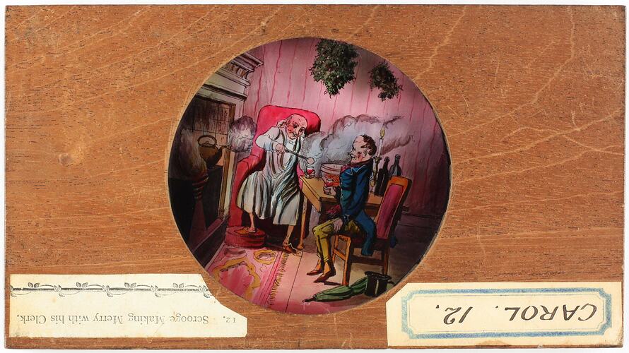 Lantern Slide - Carol 12, 'Scrooge Making Merry with his Clerk', Single Slide, 1843-1880