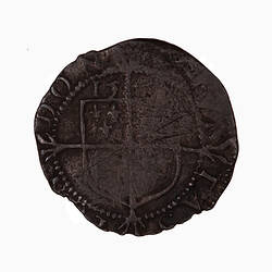 Coin, round, within beaded circle, cross fourchee quartered with the arms of France and England.