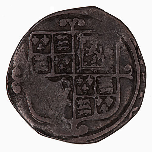 Coin, round, shield quartered with the arms of England, France, Scotland and Ireland.