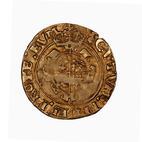 Coin, round, Crowned and garnished oval Royal shield, quartered with the arms of England and France.
