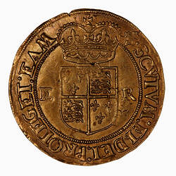 Coin, round, Within a bead circle a plain square top shield quartered with arms of France and England.