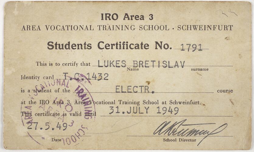 Student Identification Card, IRO - Bretislav Lukes