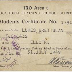 Student Identification Card, IRO - Bretislav Lukes