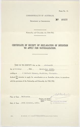 Certificate - Receipt of Declaration of Intention to Apply for Naturalisation, 1953