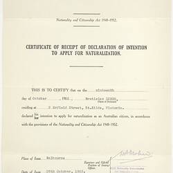 Certificate - Receipt of Declaration of Intention to Apply for Naturalisation, Issued to Bretislav Lukes, Department of Immigration, 26 Oct 1953