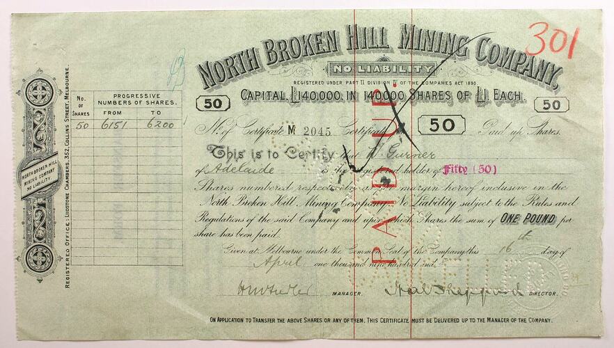 Scrip - North Broken Hill Mining Company, 16 April 1908