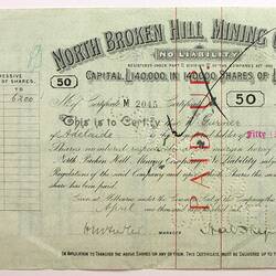 Scrip - North Broken Hill Mining Company, 16 April 1908