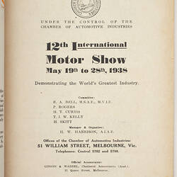 Catalogue - 'The Annual International Motor Show', Chamber of Automotive Industries, 1938