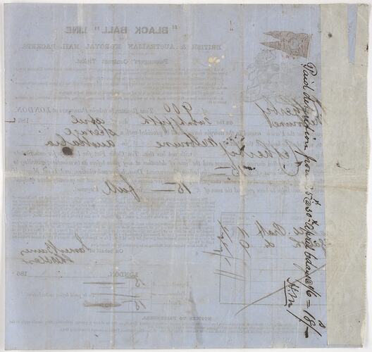 Passenger Contract Ticket - 'Netherby', Black Ball Line, Steerage, London to Melbourne, 1862