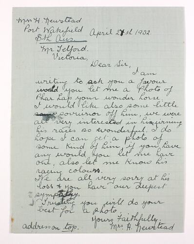 Letter - Newstead to Telford, Phar Lap's Death, 27 Apr 1932